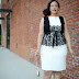 black and white sheath with satin and lace panel