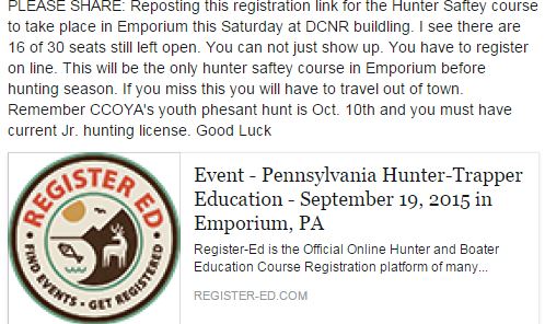 safety hunter course cameron pa county hunters