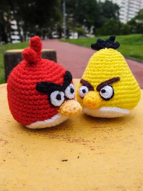 crocheted yellow and red angry bird amigurumi