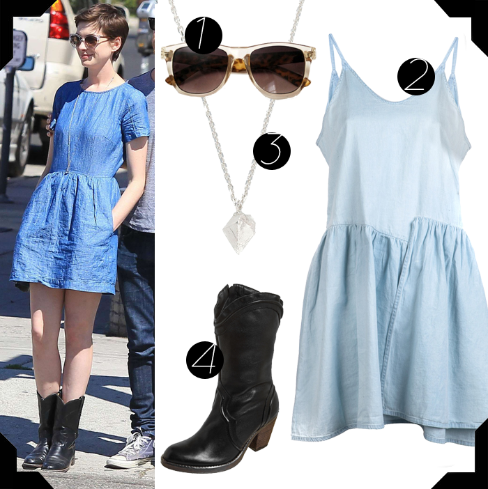 ANNE HATHAWAY, UMA GAROTA DE ESTILO_o estilo de Anne hathaway_vestido jeans_bota country preta_colar de cristal_pingente de cristal