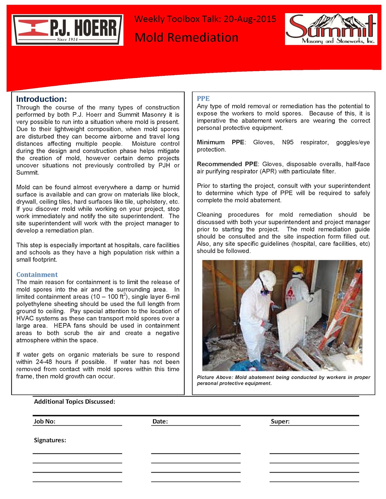 P.J. Hoerr, Inc. P.J. Hoerr & Summit Masonry Weekly Toolbox Talk