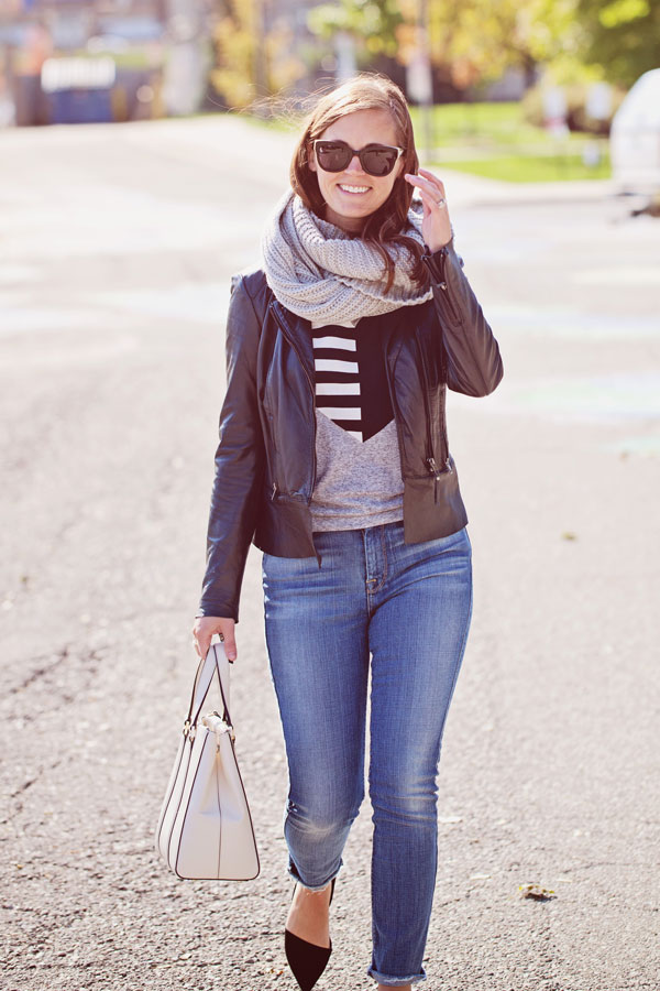 my everyday style a scarf + a leather jacket! The Good Life For Less