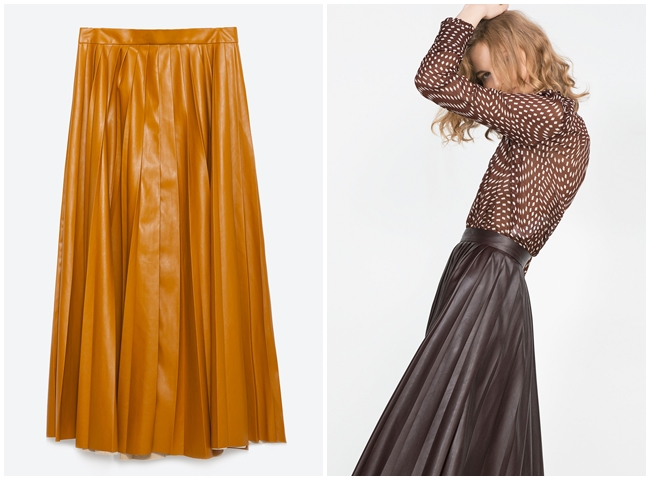 Zara 2015 Fall Dark Red Leather Pleated Skirt 