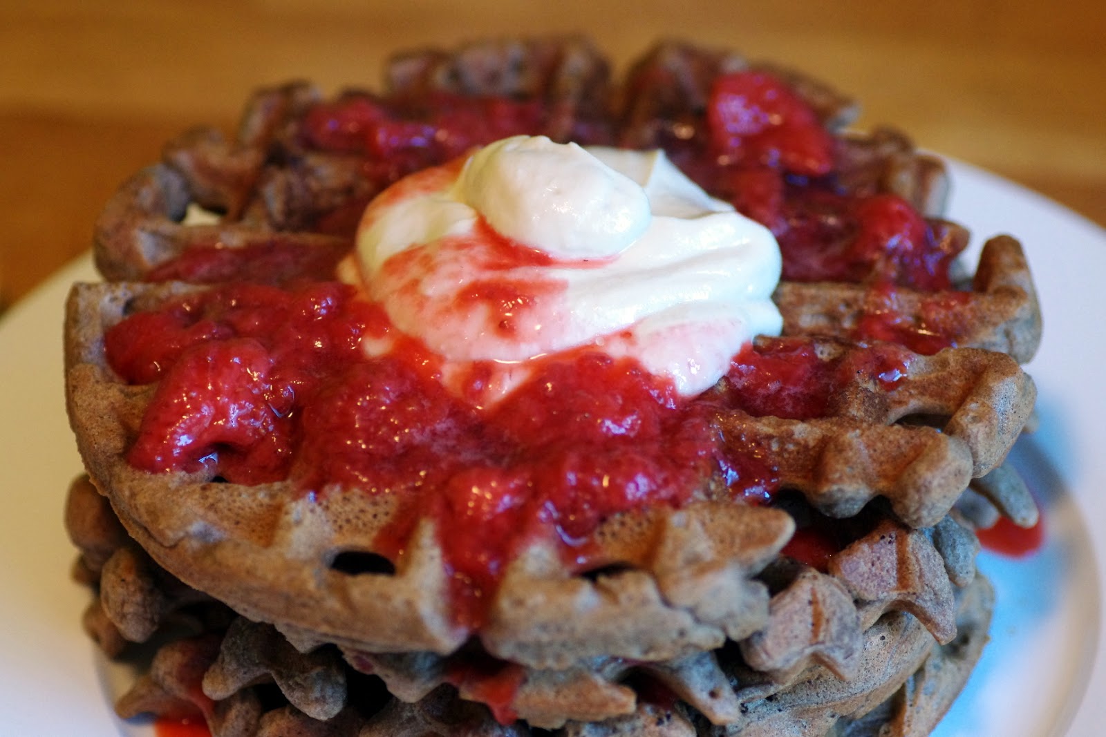 Bite me, I'm vegan Buckwheat Waffles with Tofu Mousse and Strawberry Sauce