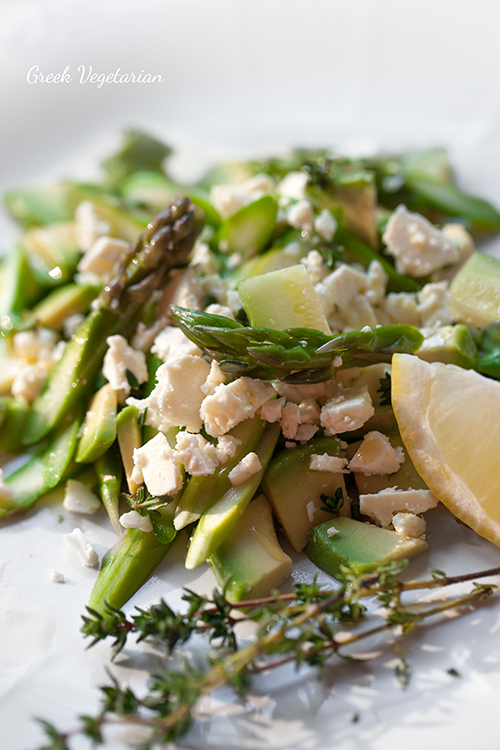 Greek Vegetarian Fresh Asparagus Salad with Feta, Avocado and Thyme
