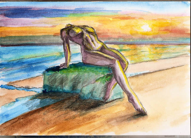 Puesta de sol. Autor: Jose M. Gallego. Técnica: acuarela-carboncillo.