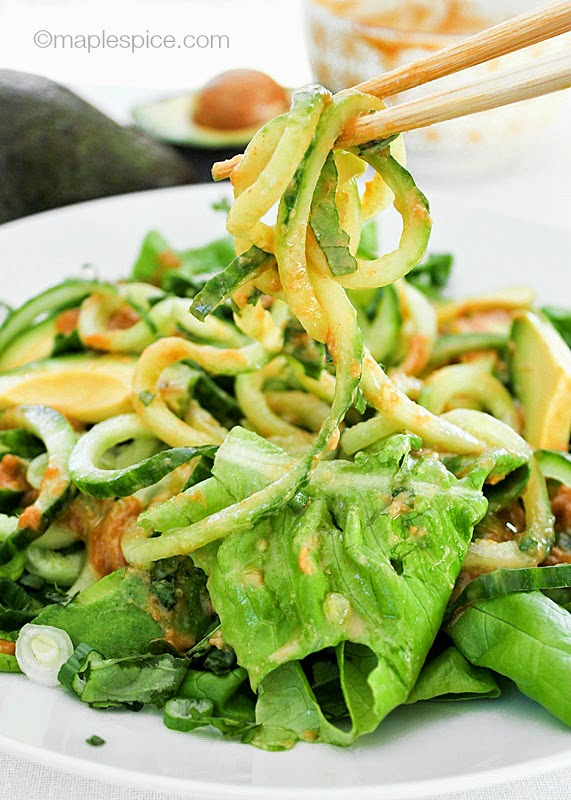 Cucumber Noodle Salad with Avocado and a Spicy Cashew Butter Dressing - vegan and gluten-free recipe