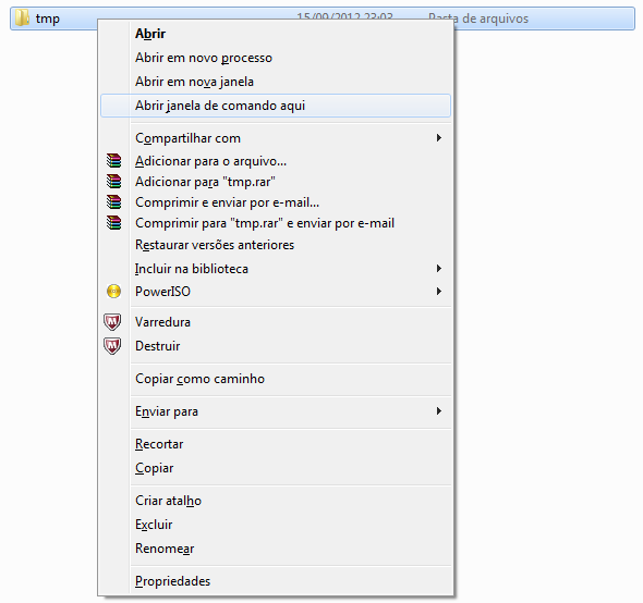 Apresentar 'Abrir janela de Comando aqui' no Explorer do Windows