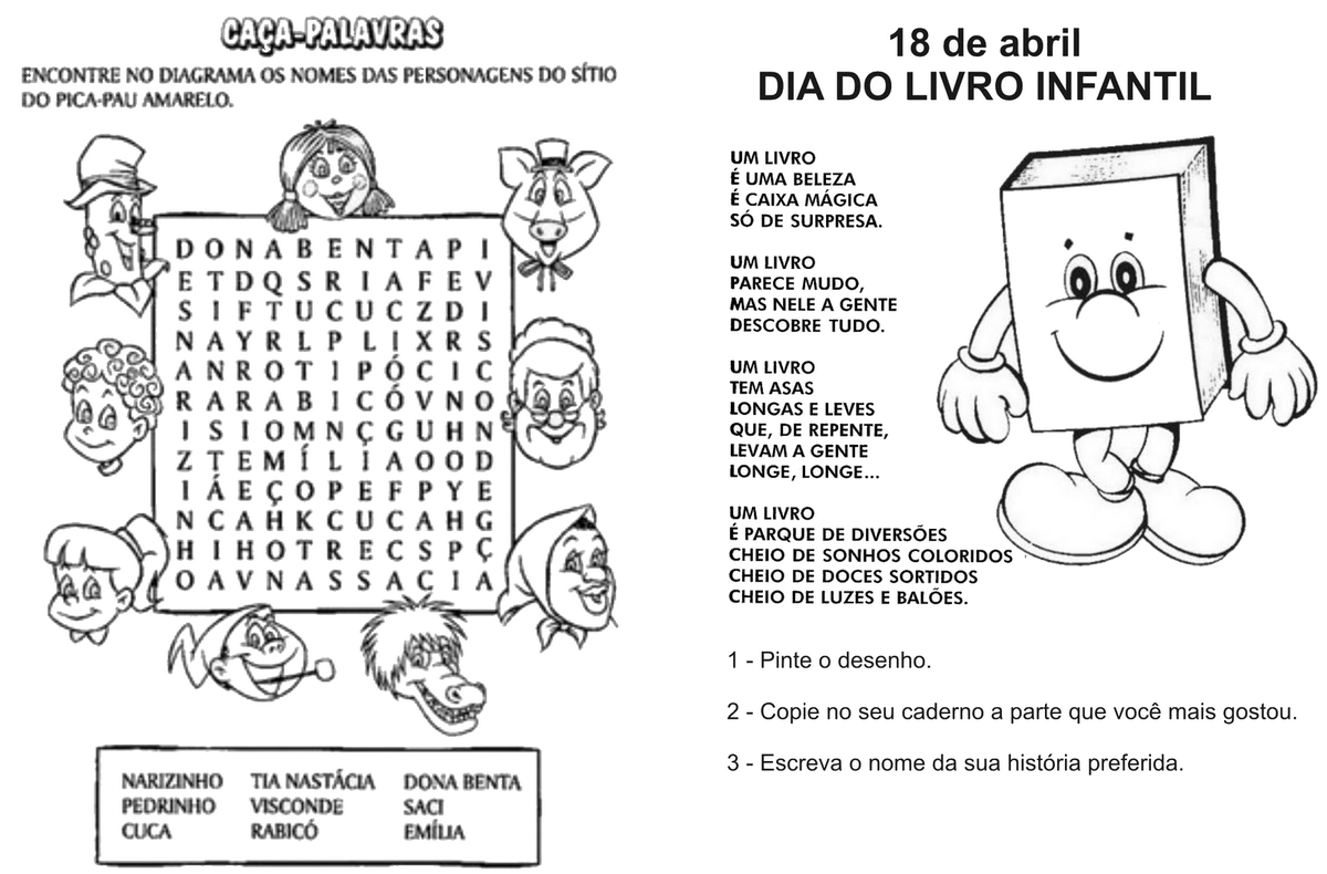 DIA NACIONAL DO LIVRO INFANTIL - ATIVIDADES E DESENHOS - ATIVIDADES E