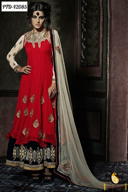 Red Cream Anarkali Suit @ pavitraa.in