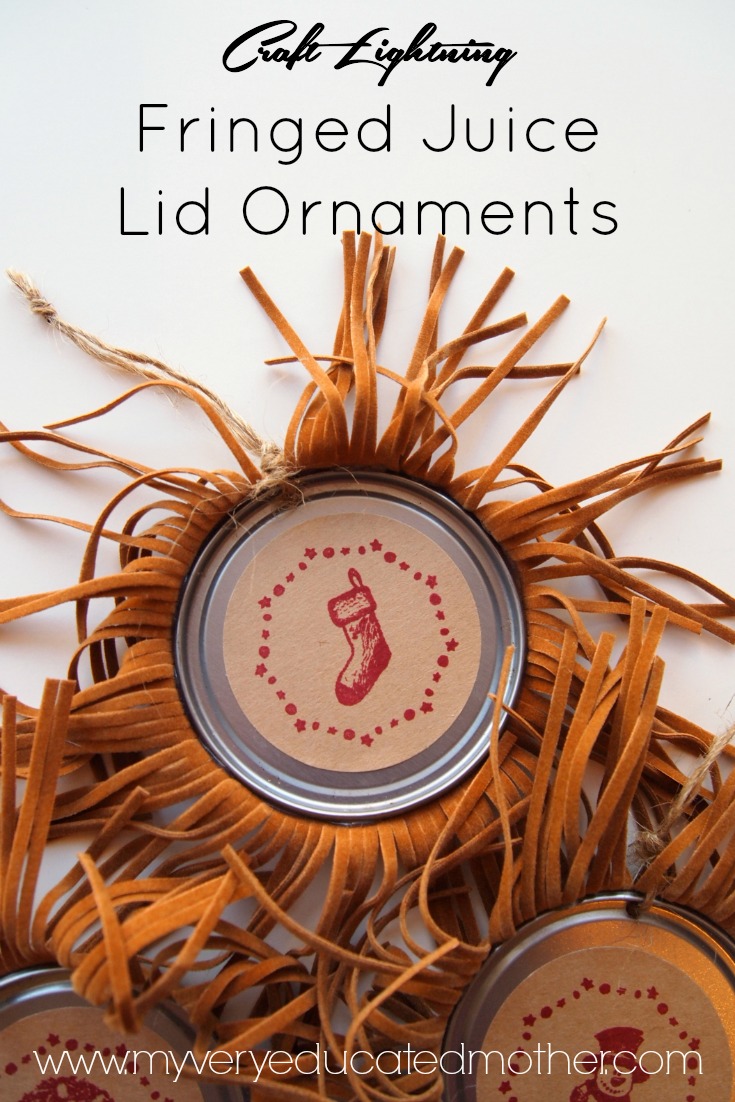Craft Lightning is code for quick and easy, these Fringed Juice Lid Ornaments are just that. Easy enough for kids to craft and perfect for adding a rustic feel to your holiday decor. 