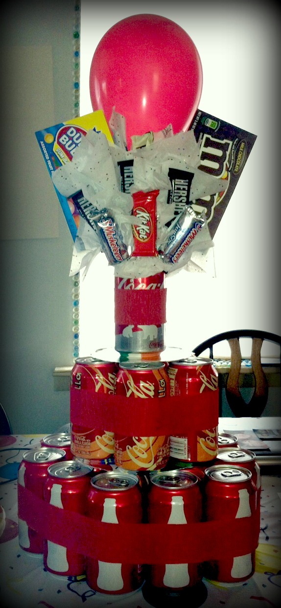 Candy, Cake, and Crafts Soda Can Cake with Bouquet Topper