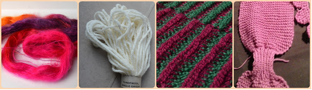 A collage of four photos depicting our craft time at the hospital. From left: untwisted hank of silk mohair in pink, purple and orange tones, ton of wool sample of cormo aran weight wool in natural creamy colour, close up of striped alpaca tricot scarf and close up of Cheryl's pink keyhole scarf in progress.