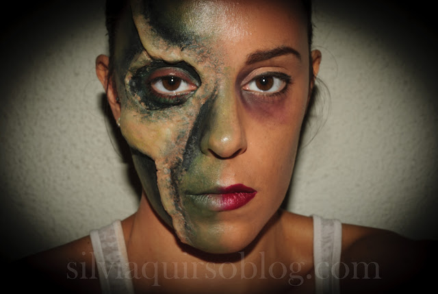 Maquillaje Halloween 6: Calavera media cara, Halloween Make-up 6: Half face skull, efectos especiales, special effects, Silvia Quirós