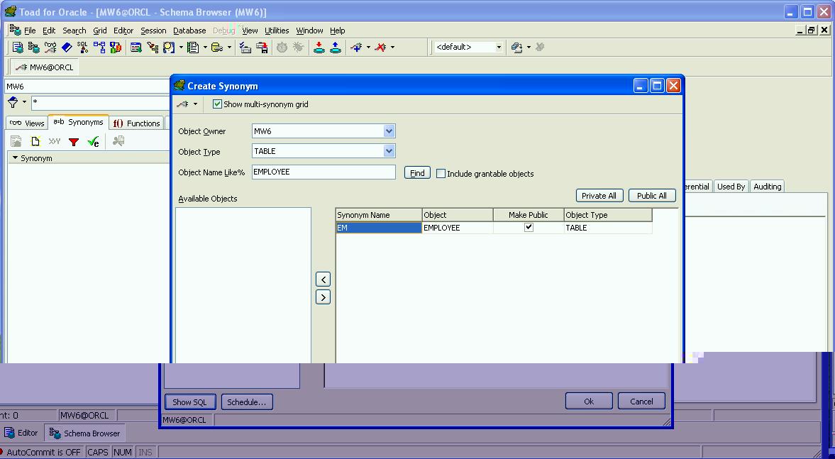 How to Create Synonyms in Oracle using TOAD for Oracle
