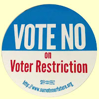 Blue and white circular VOTE NO on voter restriction sticker