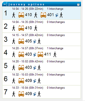 example of route options shown in Ireland's national journey planner for Galway City - shows icons for bus and walking journeys