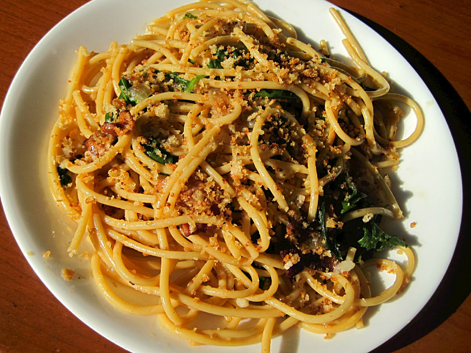 Think, Love, Sleep, Dine Spaghetti with Spinach, Bacon and Bread Crumbs