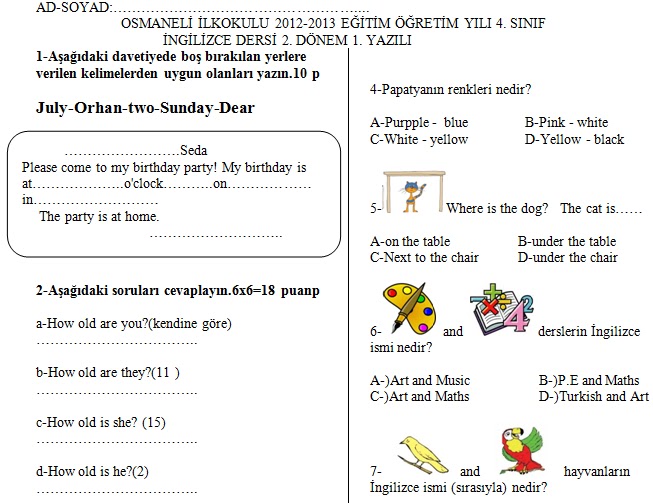 4 sınıf ingilizce