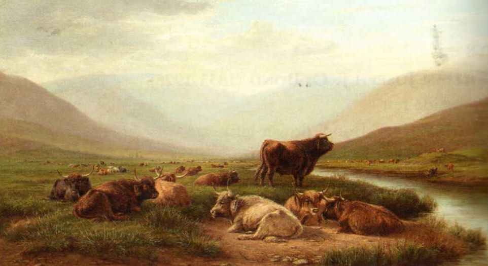 British Paintings: William Luker - Highland cattle resting in a