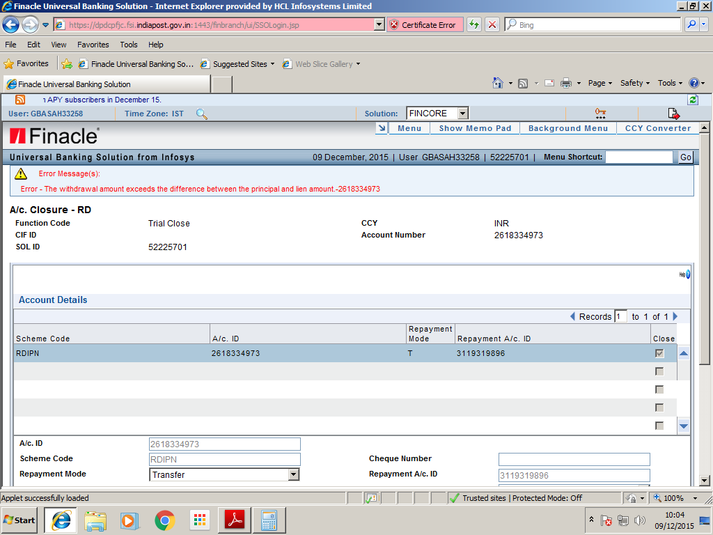 RD Closure error Withdrawal amount exceeds the difference between the