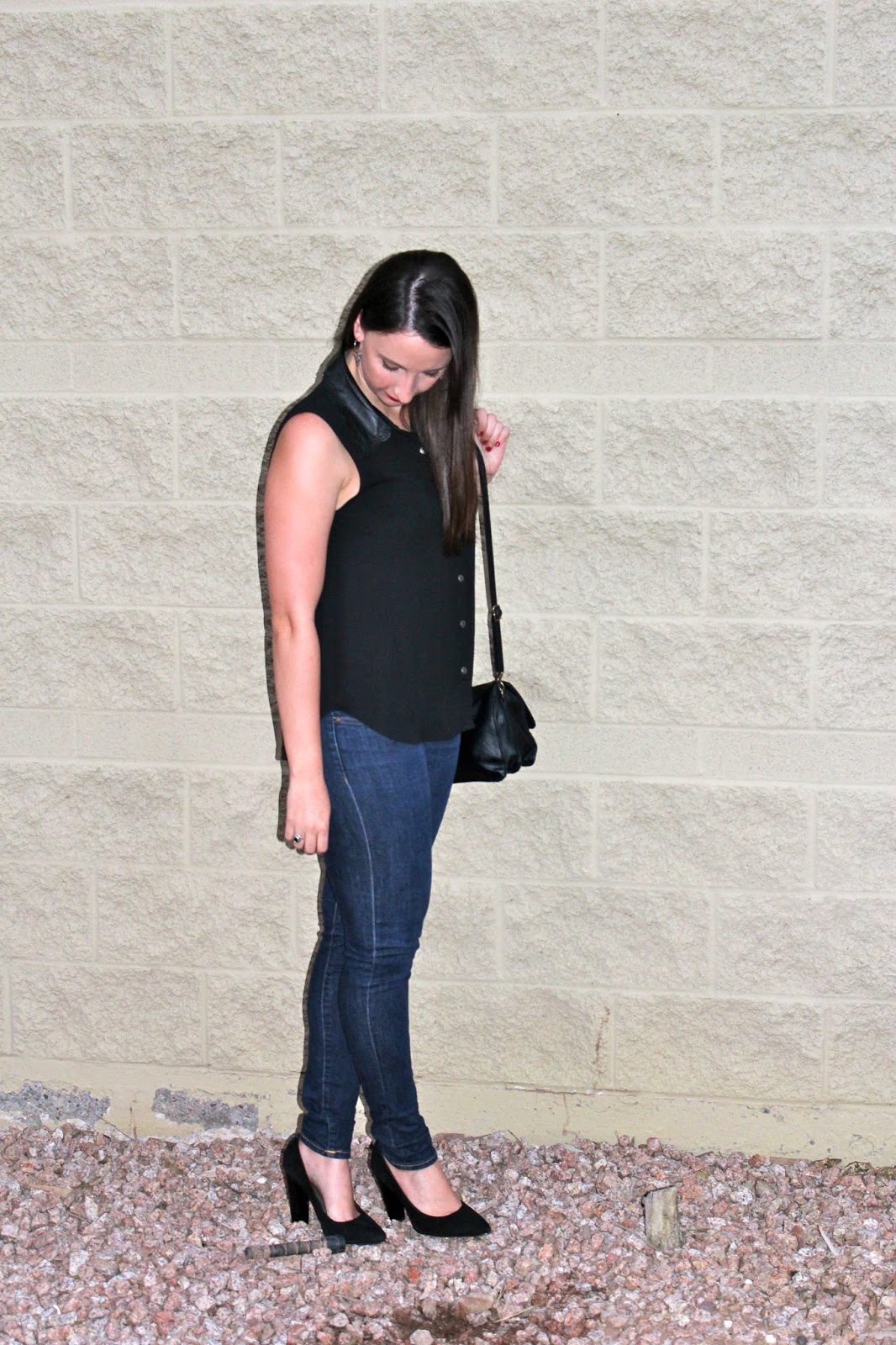 LunaVida Black Wednesday Blouse + Skinny Jeans + Heels