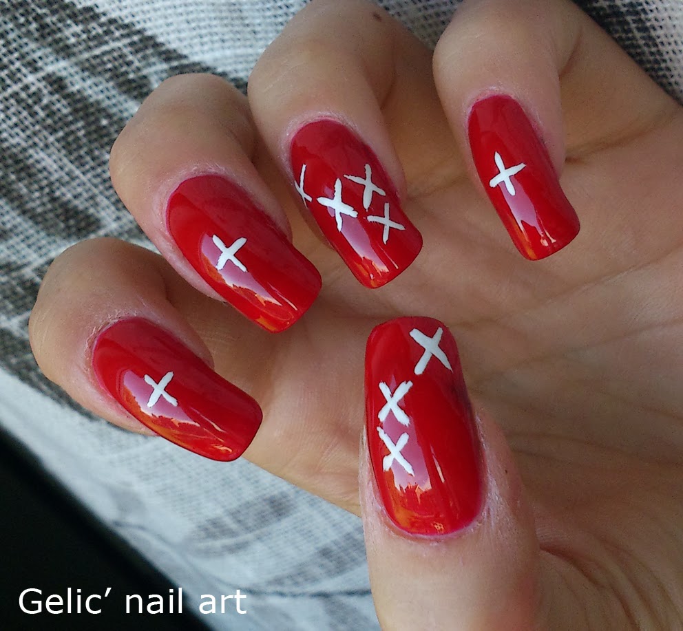 Gelic' nail art 31DC2013 Day 28; Swiss flag cross stitch nail art