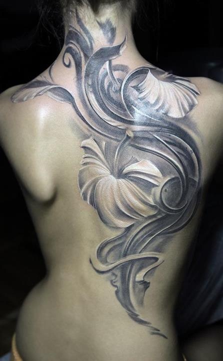 Soft silver color flower tattoo on full back