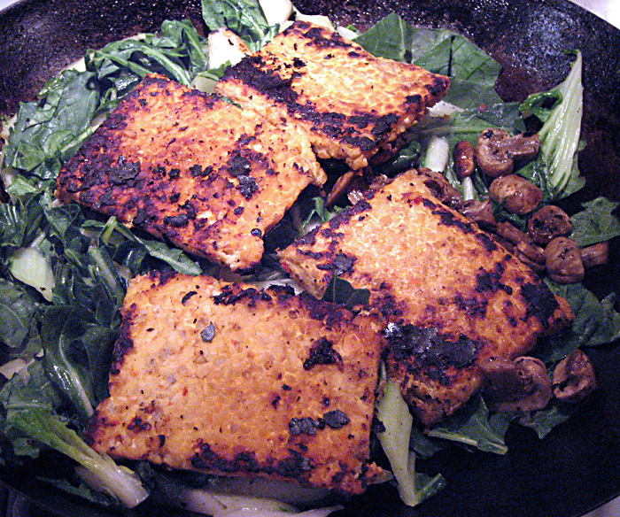 Andrea's Easy Vegan Cooking Tempeh with mustard sauce,bok choy,mushrooms