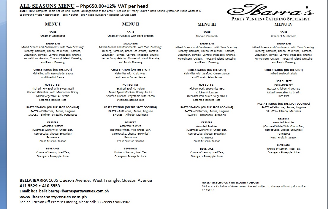 Bella Ibarra Party Venue All Seasons Menu Php 650 00 12