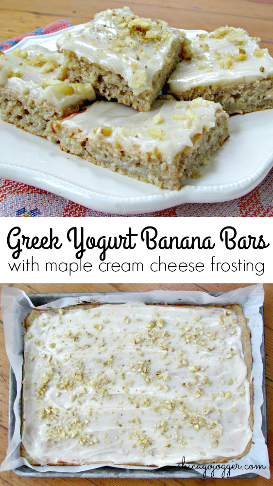 Chicago Jogger Greek Yogurt Banana Bars with Maple Cream Cheese Frosting
