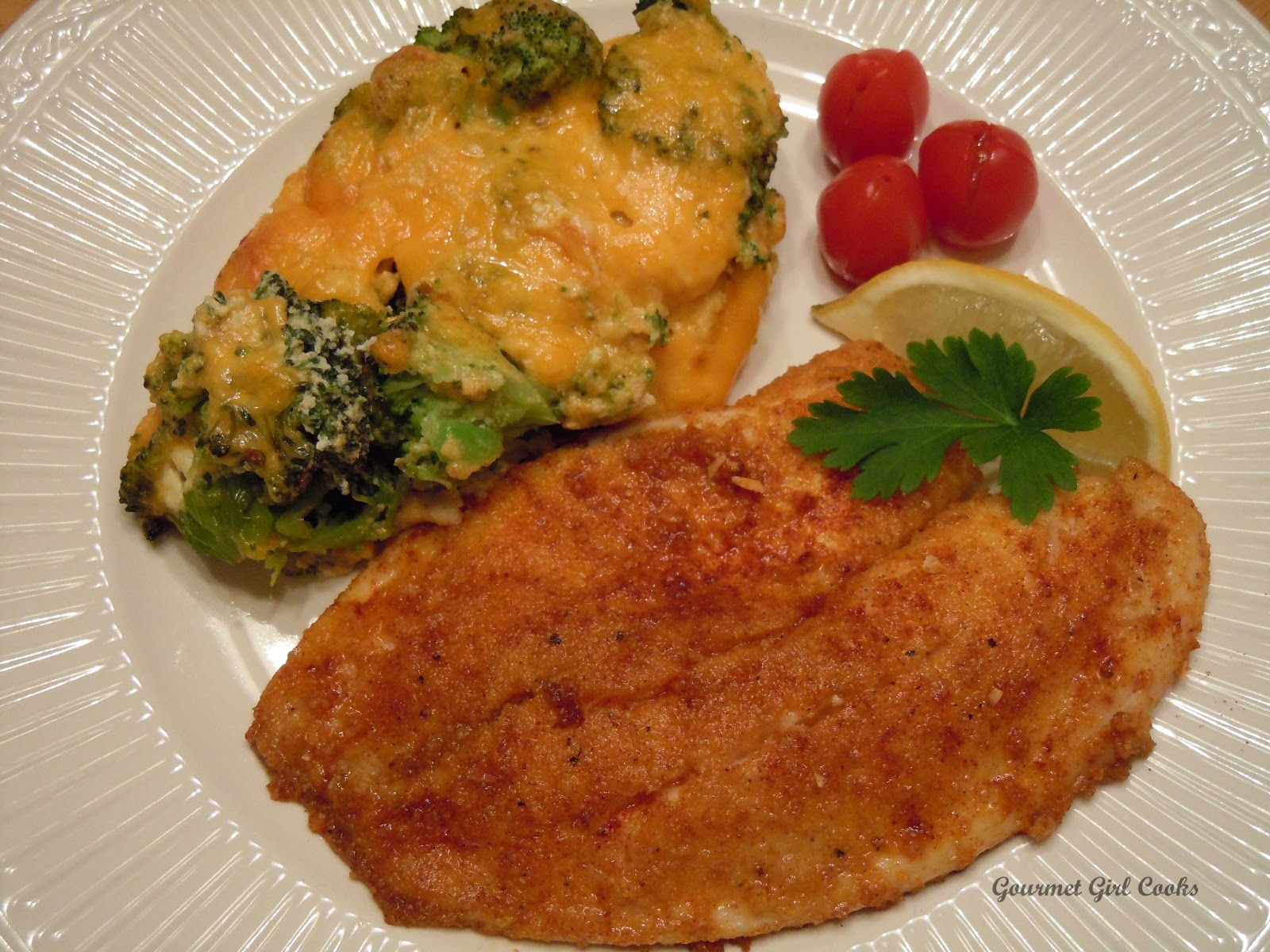 Gourmet Girl Cooks Sunday's Baked Fish and Broccoli w/ Cheese