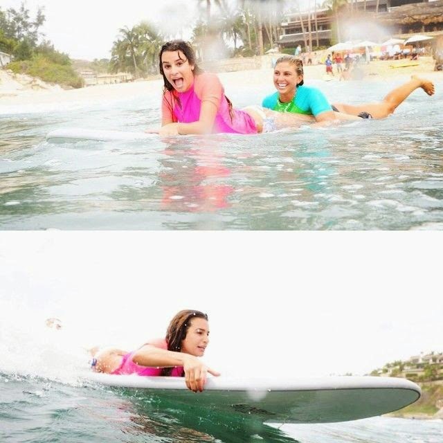 Lea Michele struggles to contain her Bikini assets while learning a surf in Mexico Lea Michelle changed her two-piece pattern into a red color for posed with a beautiful circumstance of Cabo San Lucas seashore.