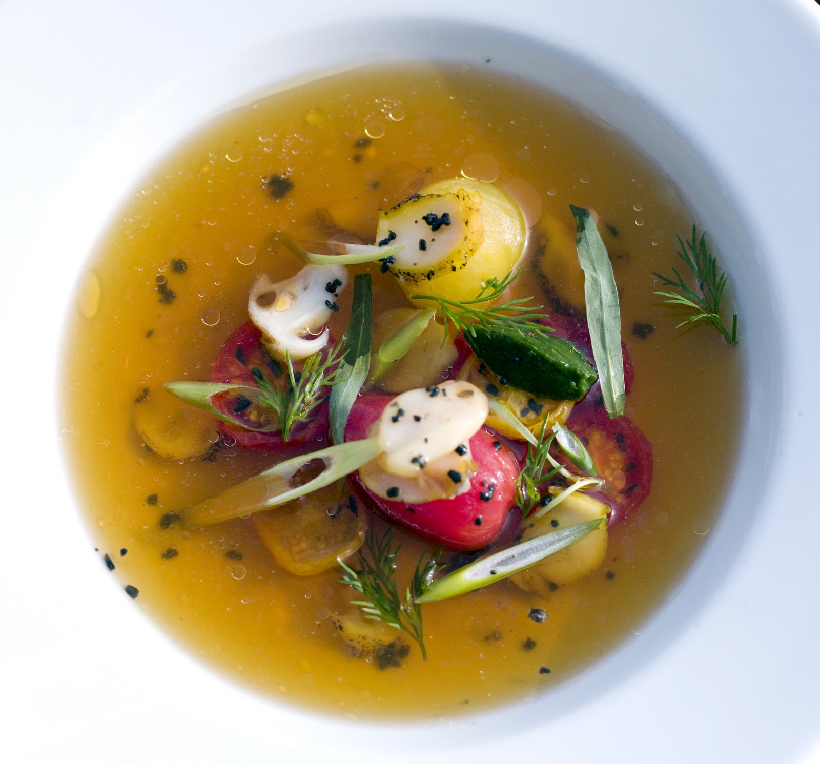 Due South Chefs Ltd Chilled tomato consommé with liquorice & whelks