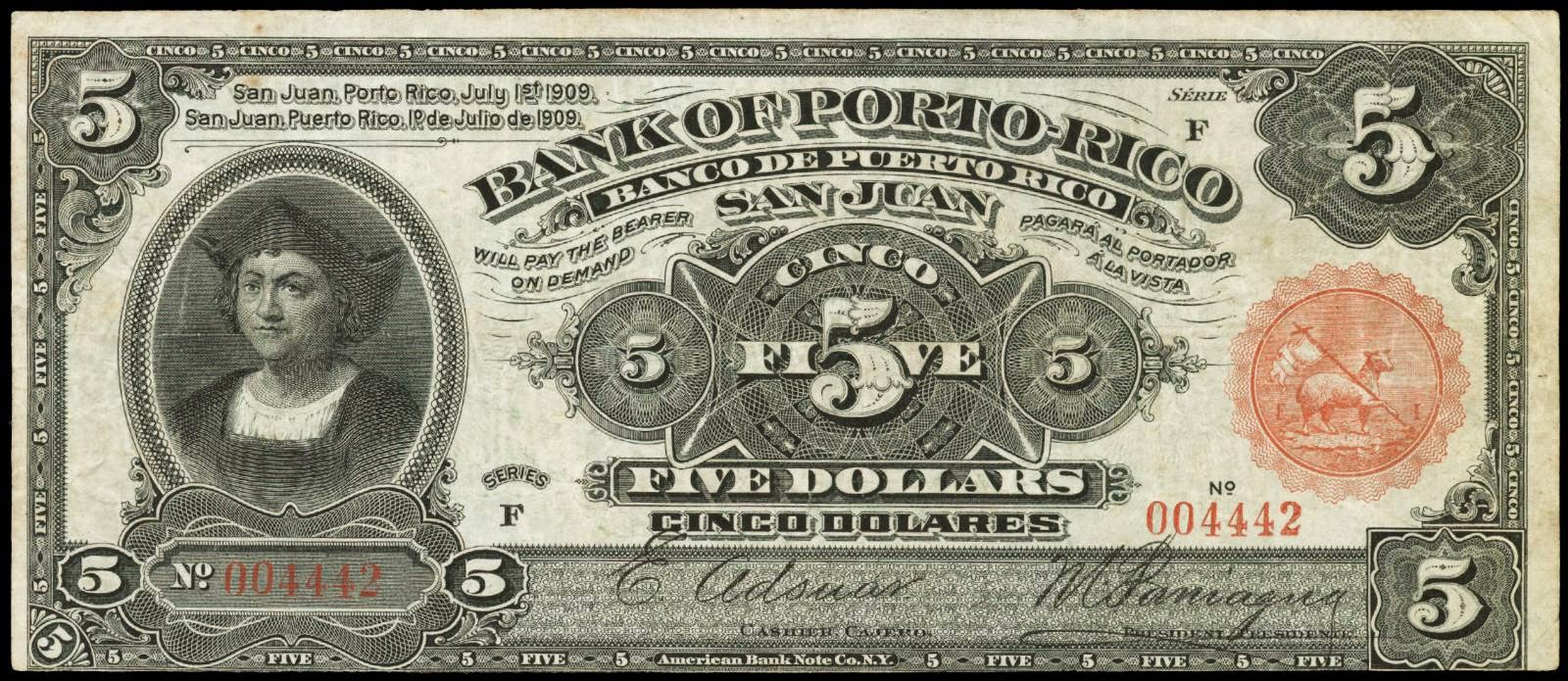 Puerto Rico Currency 5 Dollars 1909 Bank of Puerto RicoWorld Banknotes