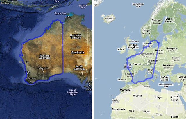 Google Maps Australia. Western Australia vs Europe