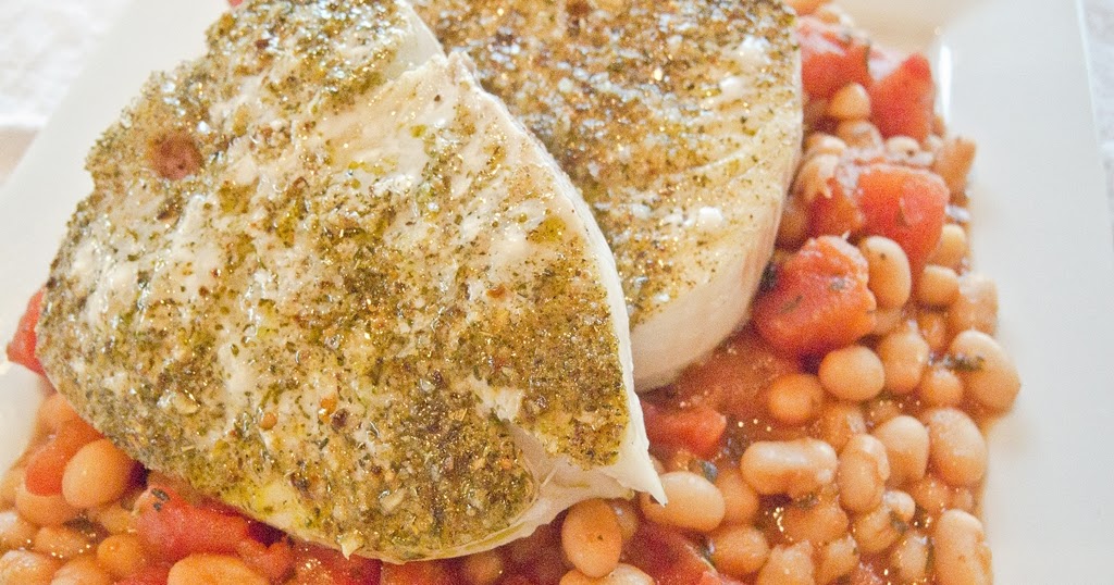 Recipe for Herbed Halibut Steaks over White Beans with Tomatoes Eat