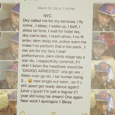 davido apology to New york fan