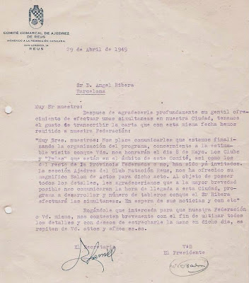 Carta del Comité Comarcal de Ajedrez de Reus en 1949
