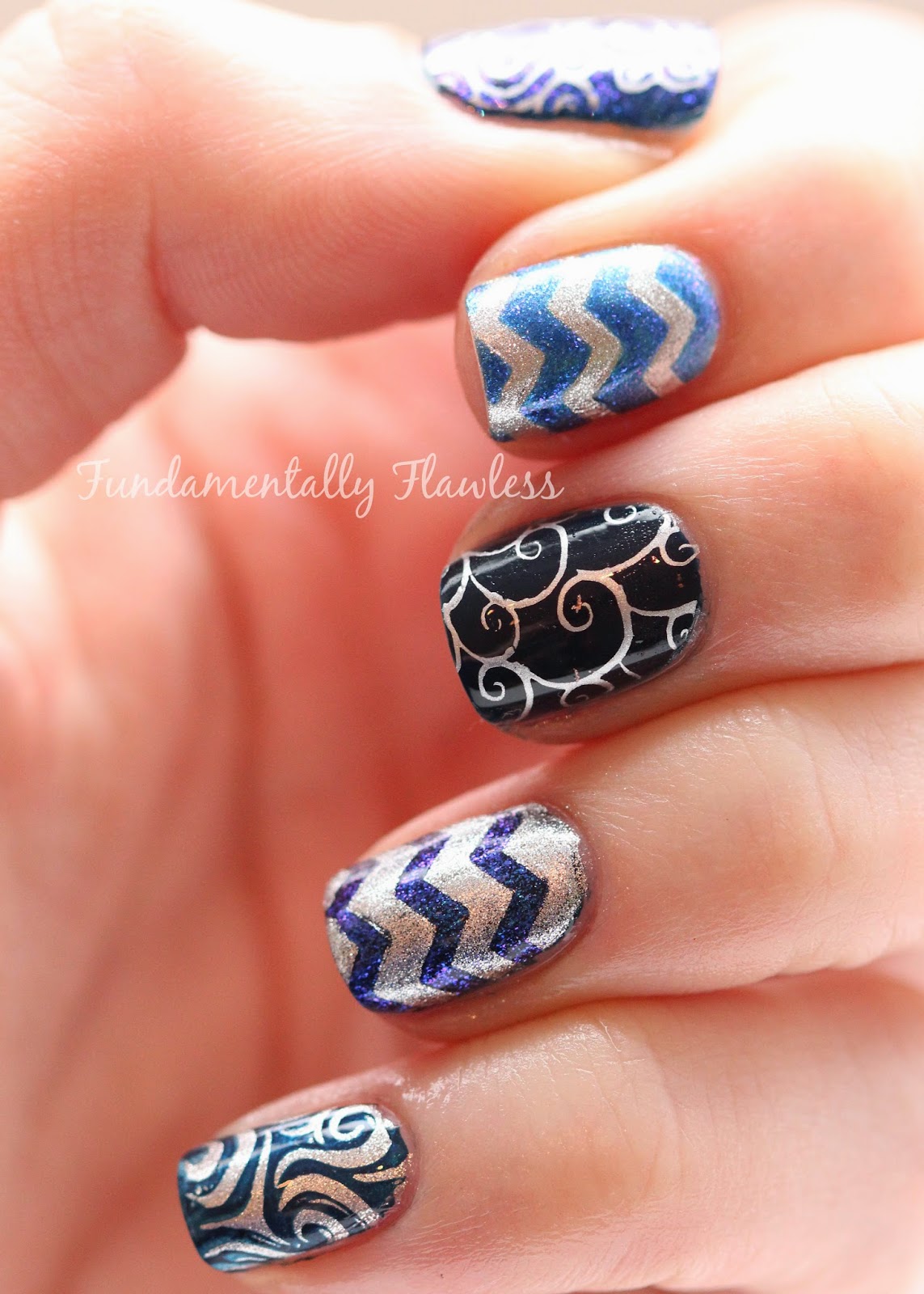 Navy Blue and Silver Nail Art with MoYou Sailor Collection 03 and Nail Vinyls