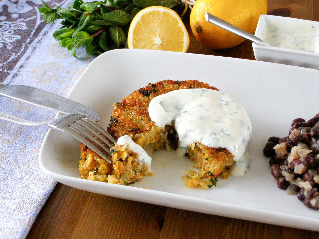 maple•spice Spiced Quinoa and Sweet Potato Cakes with Lemon Mint