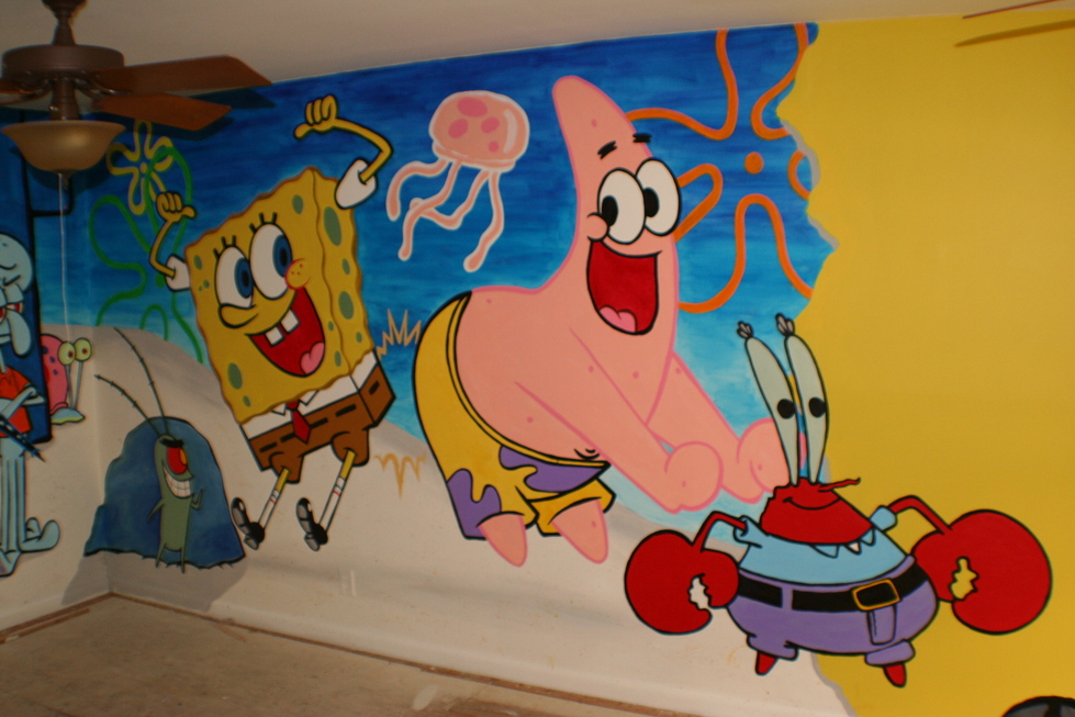 Lukis Dinding Kamar Anak Gambar Kartun Spongebob Squarepants Pengecatan Dinding Artistik