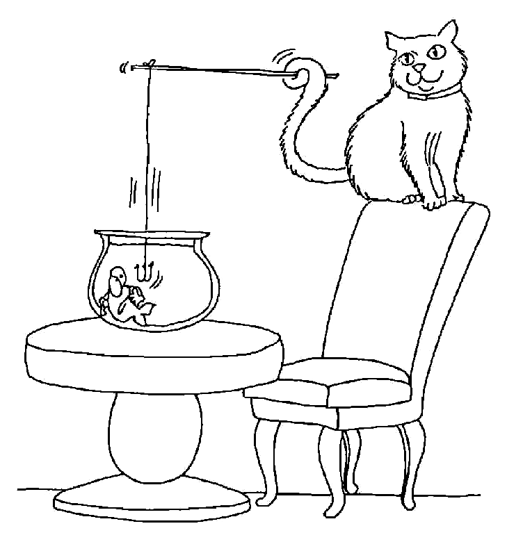 Beautiful Cat With Fish Coloring Page For Kids Of A Cute Cartoon Colour Drawing HD Wallpaper