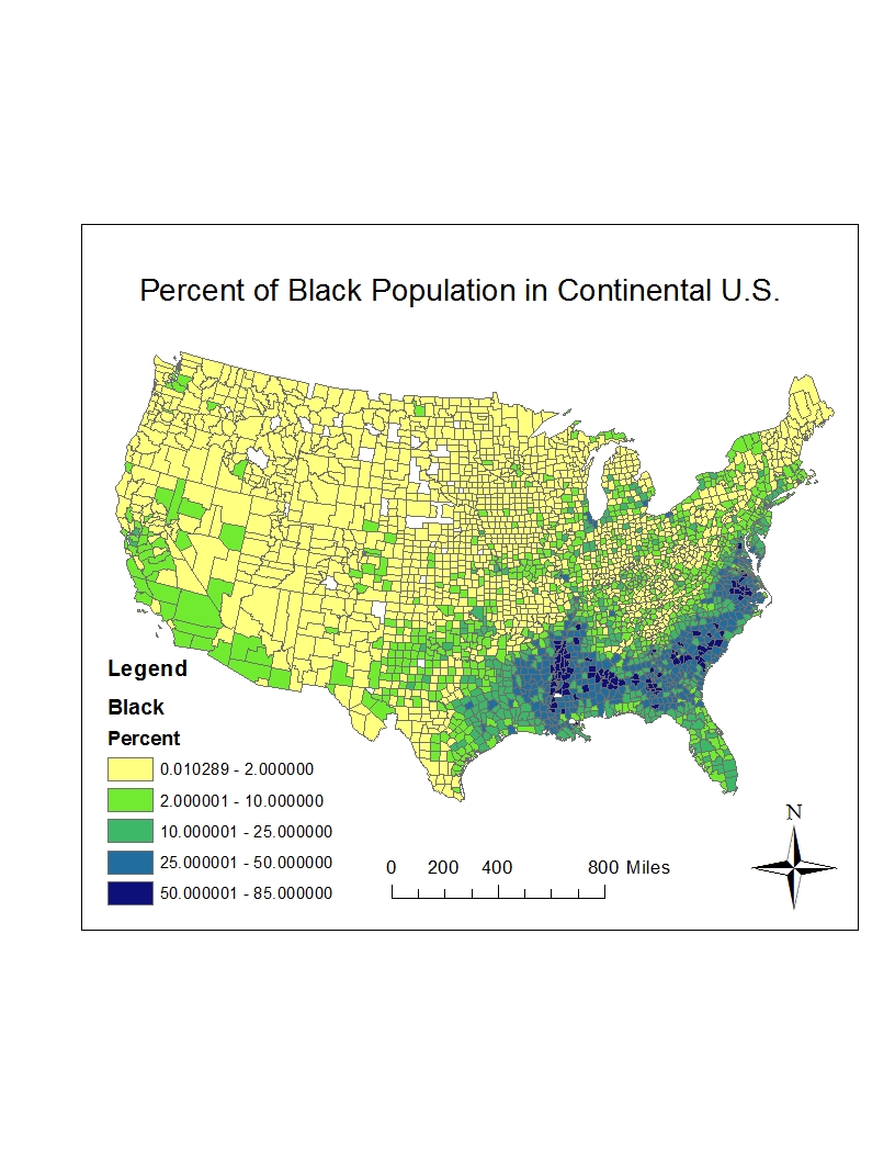 the map above depicts the distribution of the black population throughout the continental united states using census data from the county level the map above depicts the distribution of the black population throughout the continental united states using census data from the county level