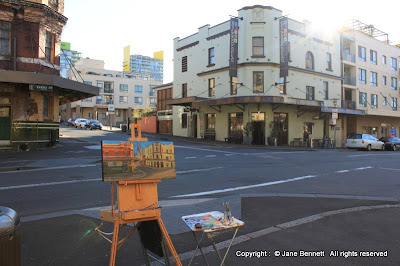 plein air oil painting of the Terminus Hotel and the Point Hotel, Harris Street Pyrmont painted by industrial heritage artist Jane Bennett