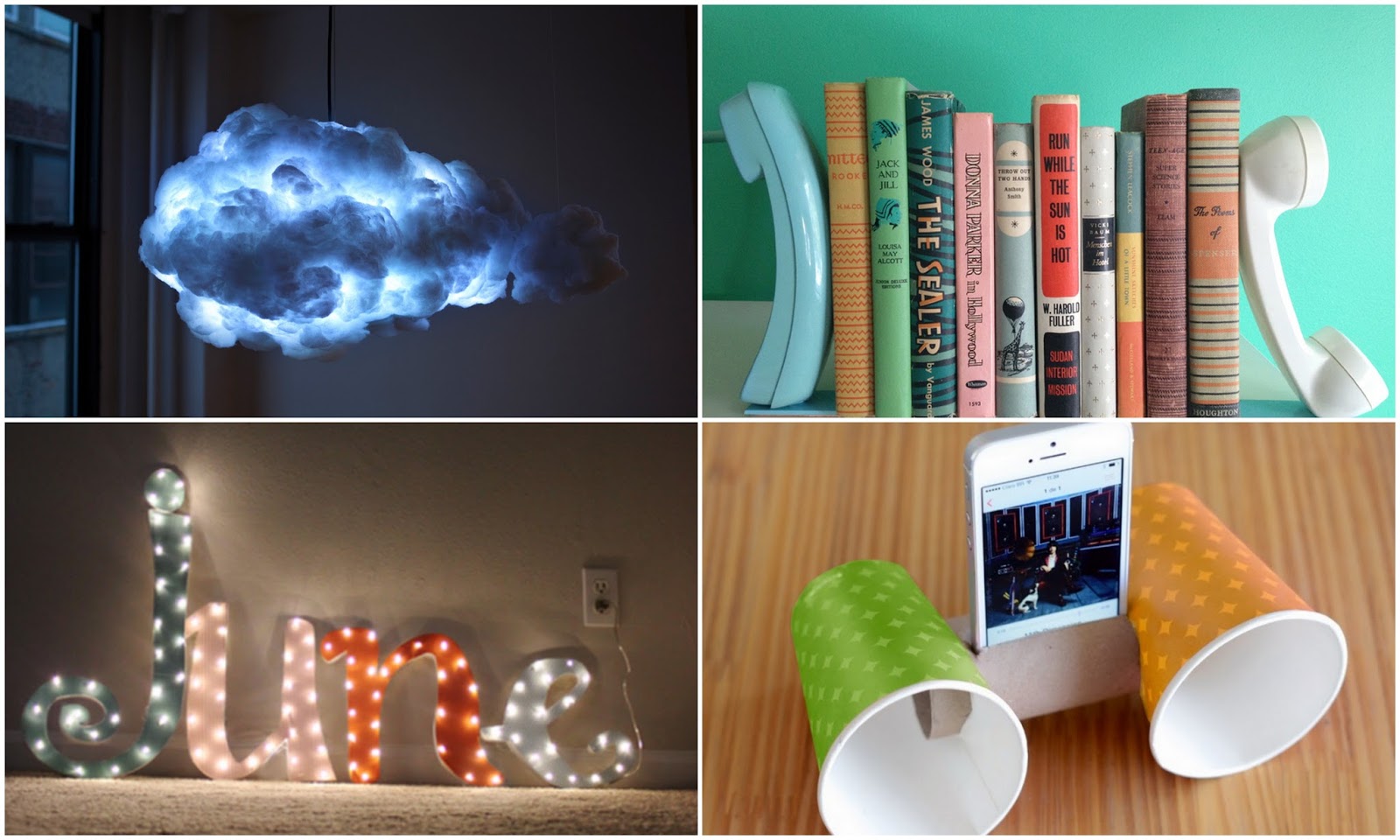 DIY AMPLIFICADOR PARA CELULAR, LETRAS COM LUZES, APARADORES DE LIVROS E LUMINÁRIA DE NUVEM Artesanato Com Madeira Pregos E Linha ~ DIY AMPLIFICADOR PARA CELULAR, LETRAS COM LUZES, APARADORES DE LIVROS E LUMINÁRIA DE NUVEM