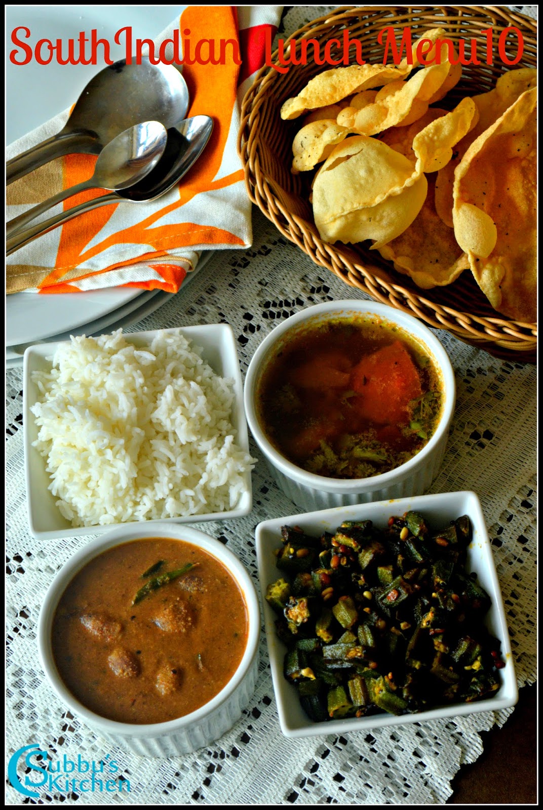 South Indian Lunch Menu 10 - Ulli Theeyal, Ladysfinger Stir-fry, Tomato Rasam, Rice and Appalam South Indian Lunch Menu 10 - Ulli Theeyal, Ladysfinger Stir-fry, Tomato Rasam, Rice and Appalam