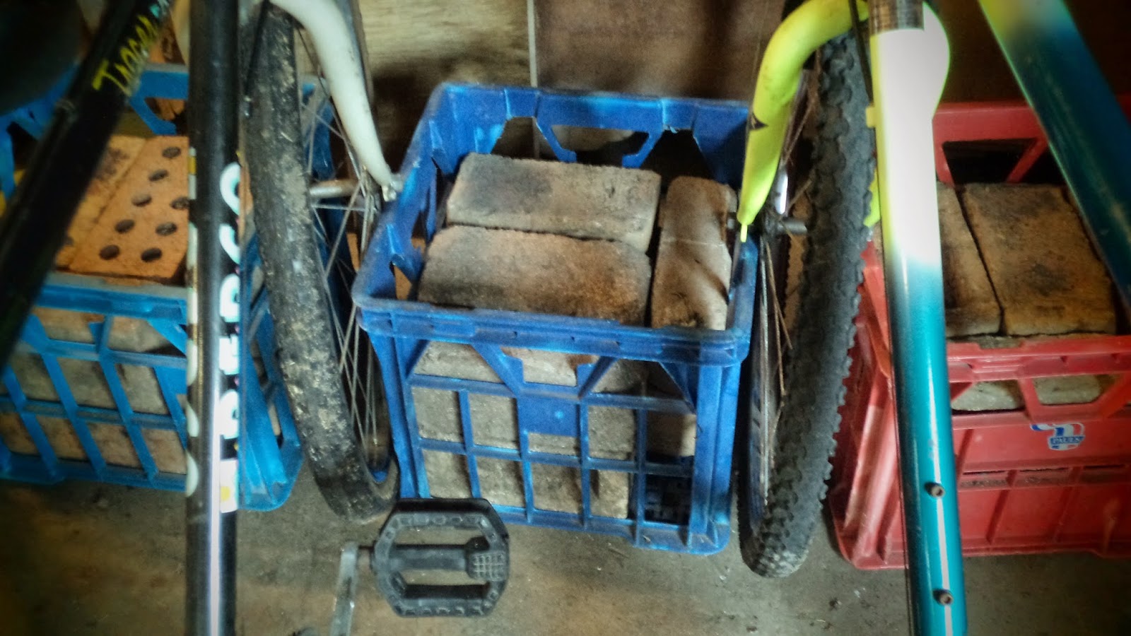 Make your own free bike racks out of milk crates and bricks!