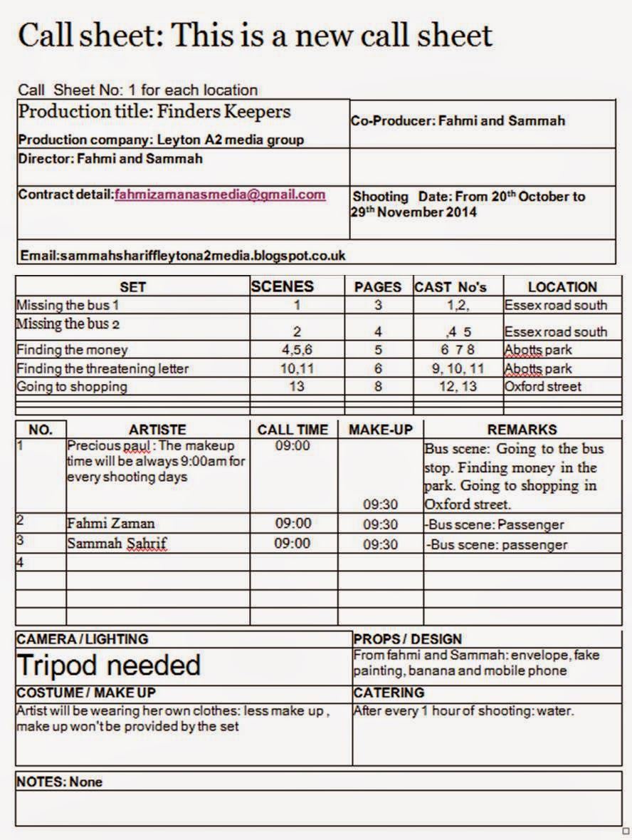 Program Call Sheet Makeup Artist Program Call Sheet Makeup Artist