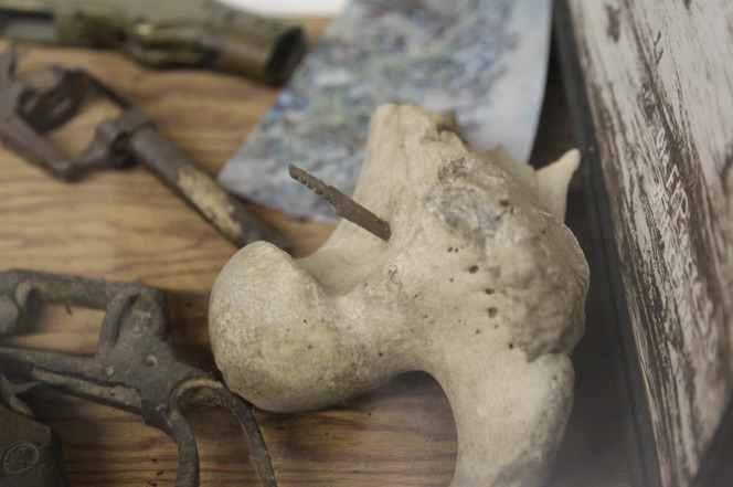 Metal arrowhead embedded in horse leg bone and pistol frames found at Little Bighorn Battlefield ~